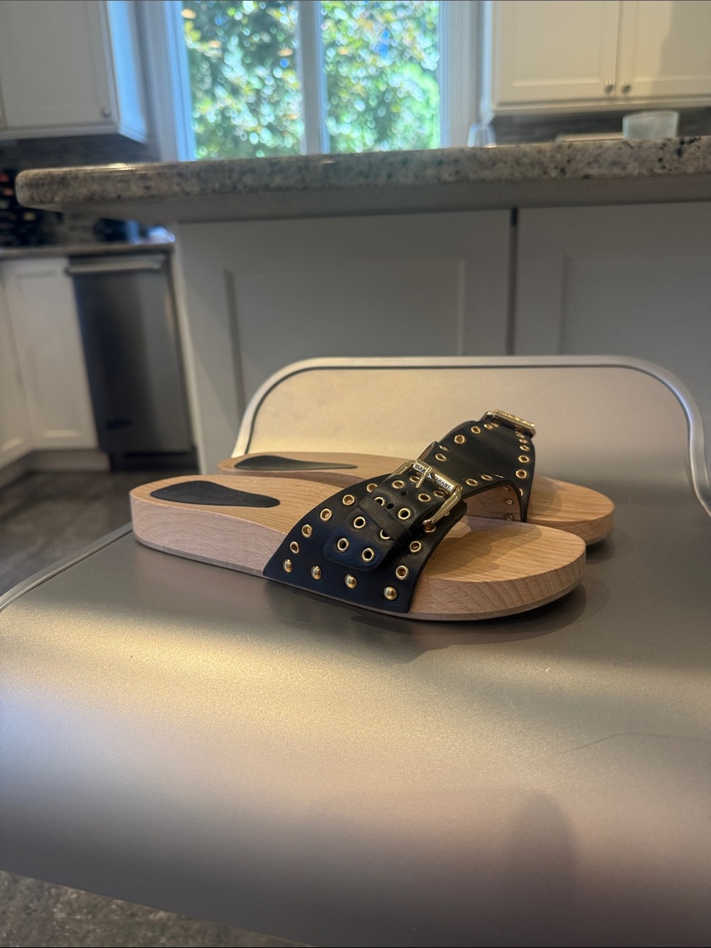 Isabel Marant Black Leather Studded Buckle Wood Slide Sandals